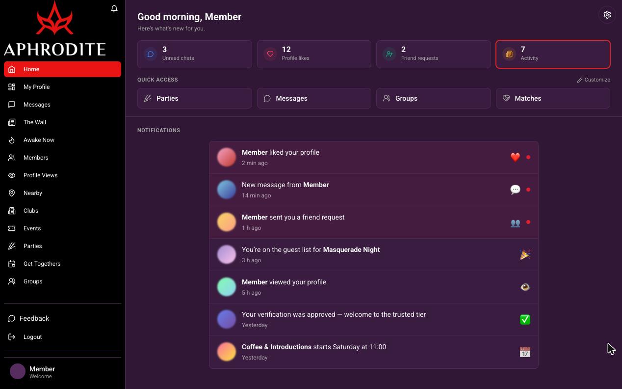 Home — your counters, quick access and a live activity feed.