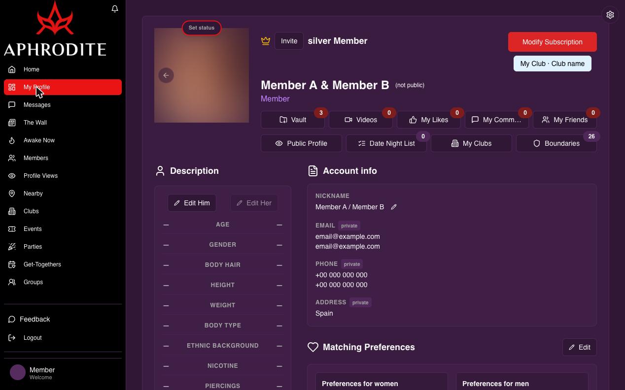 My Profile — a couple profile with a separate description for each partner.