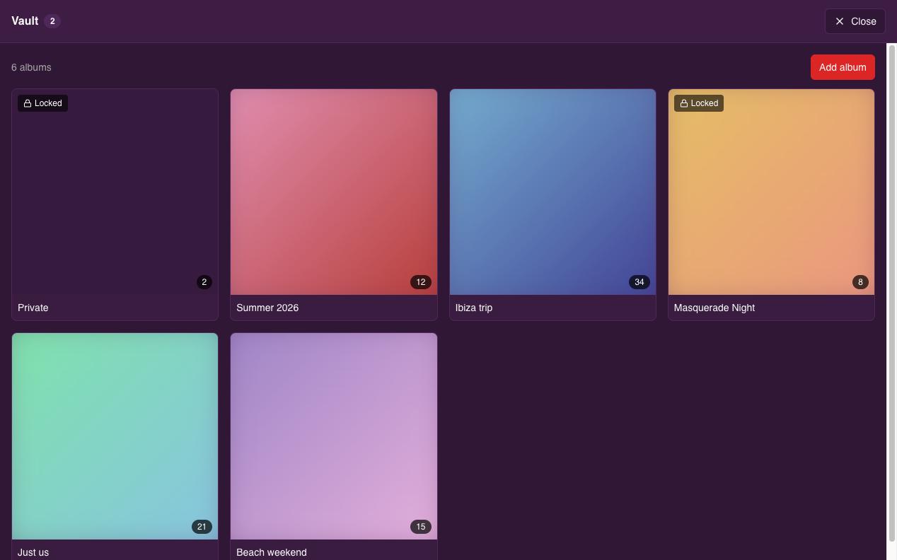 The Vault — private albums, each locked with its own password.