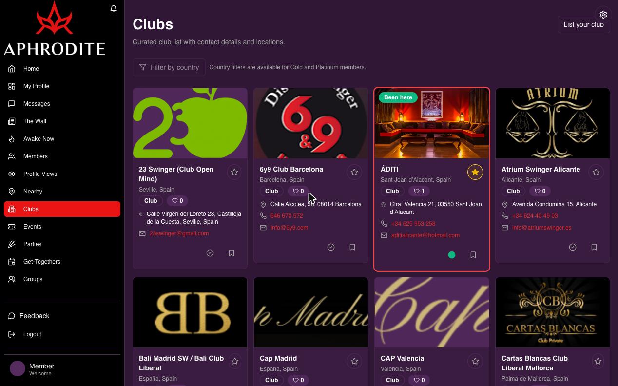 Clubs — a curated directory with contact details and locations.