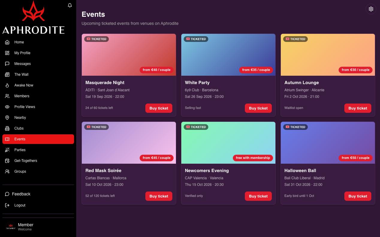 Events — ticketed club nights from venues on Aphrodite.