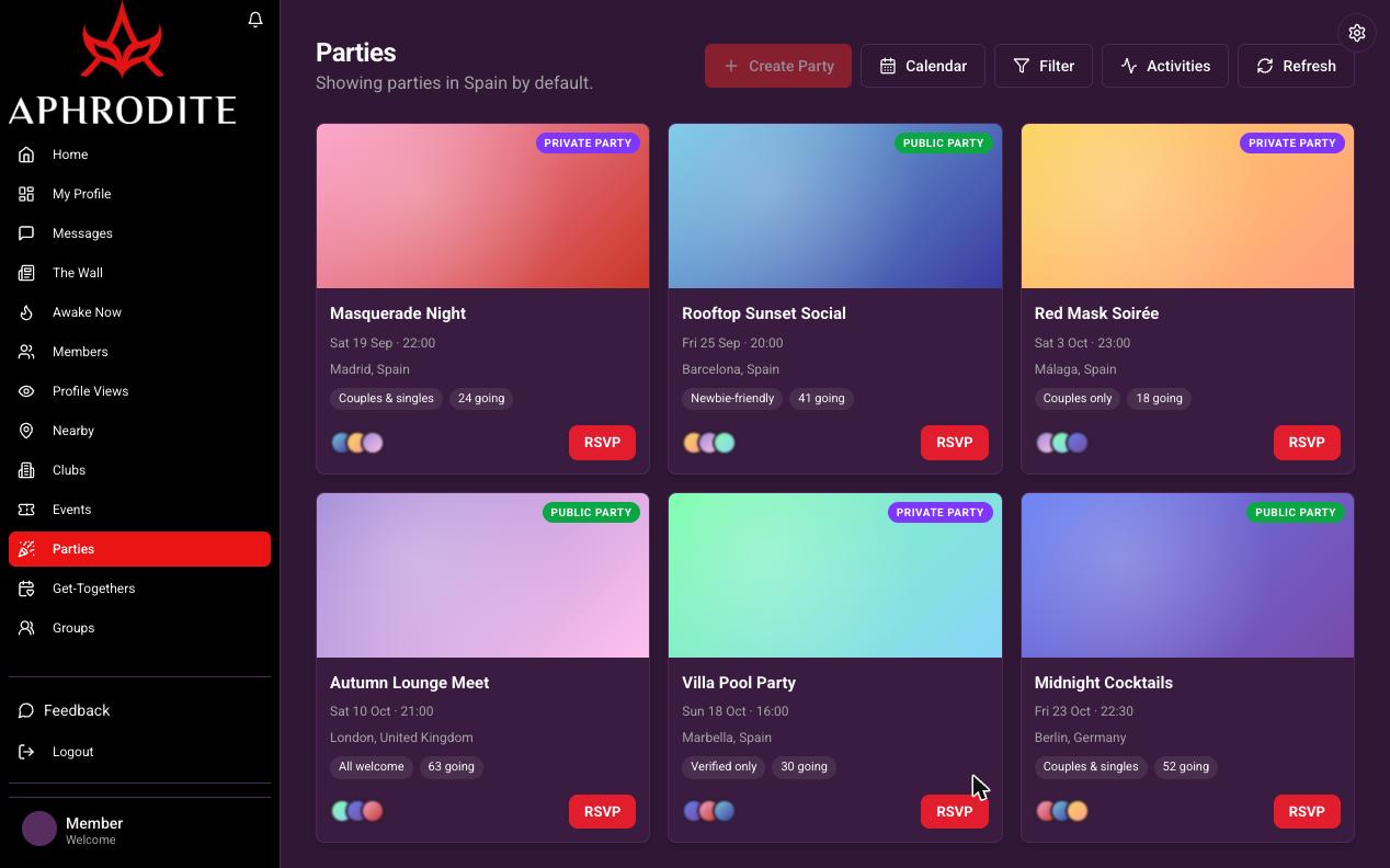 Parties — member-hosted, with RSVP and host approval.