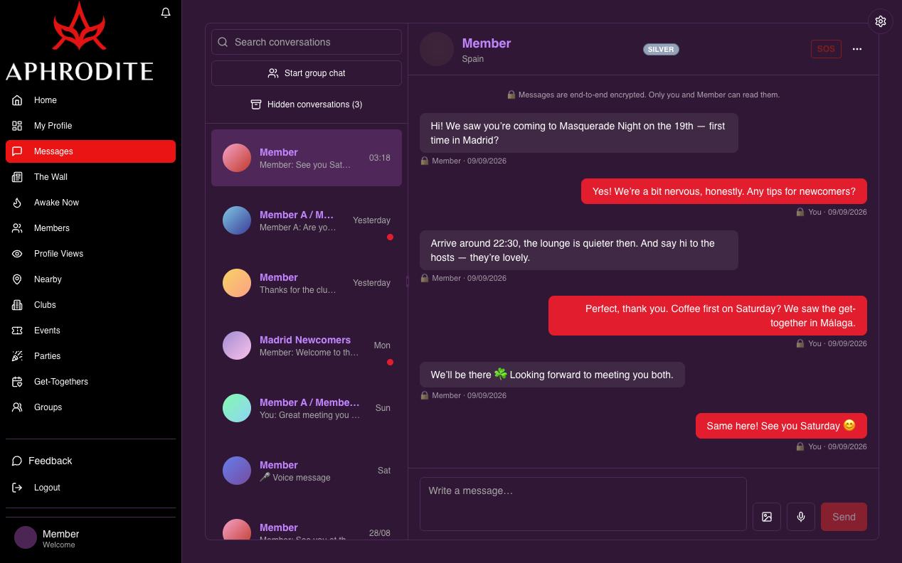 Messages — end-to-end encrypted, and each partner speaks as themselves.