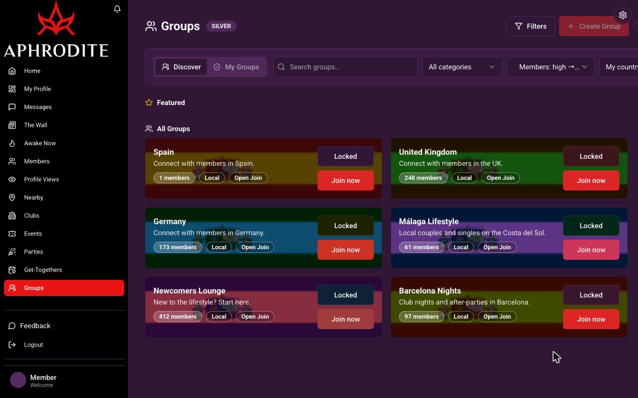 Groups — communities by country and city, each with its own chat room.